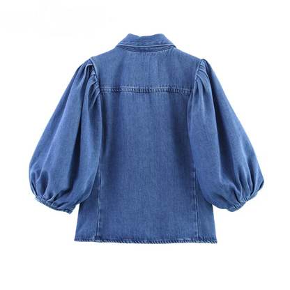 Denim Shirt with 3/4 Length Puff Sleeves
