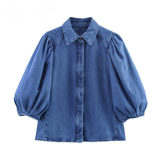 Denim Shirt with 3/4 Length Puff Sleeves