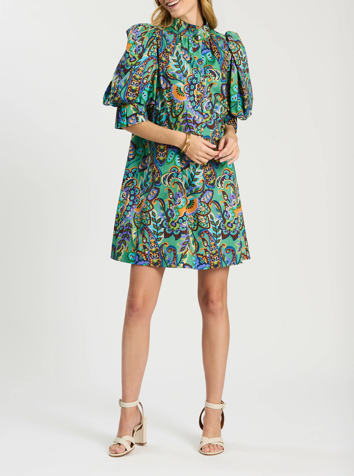 Puff-sleeve printed lace-up dress