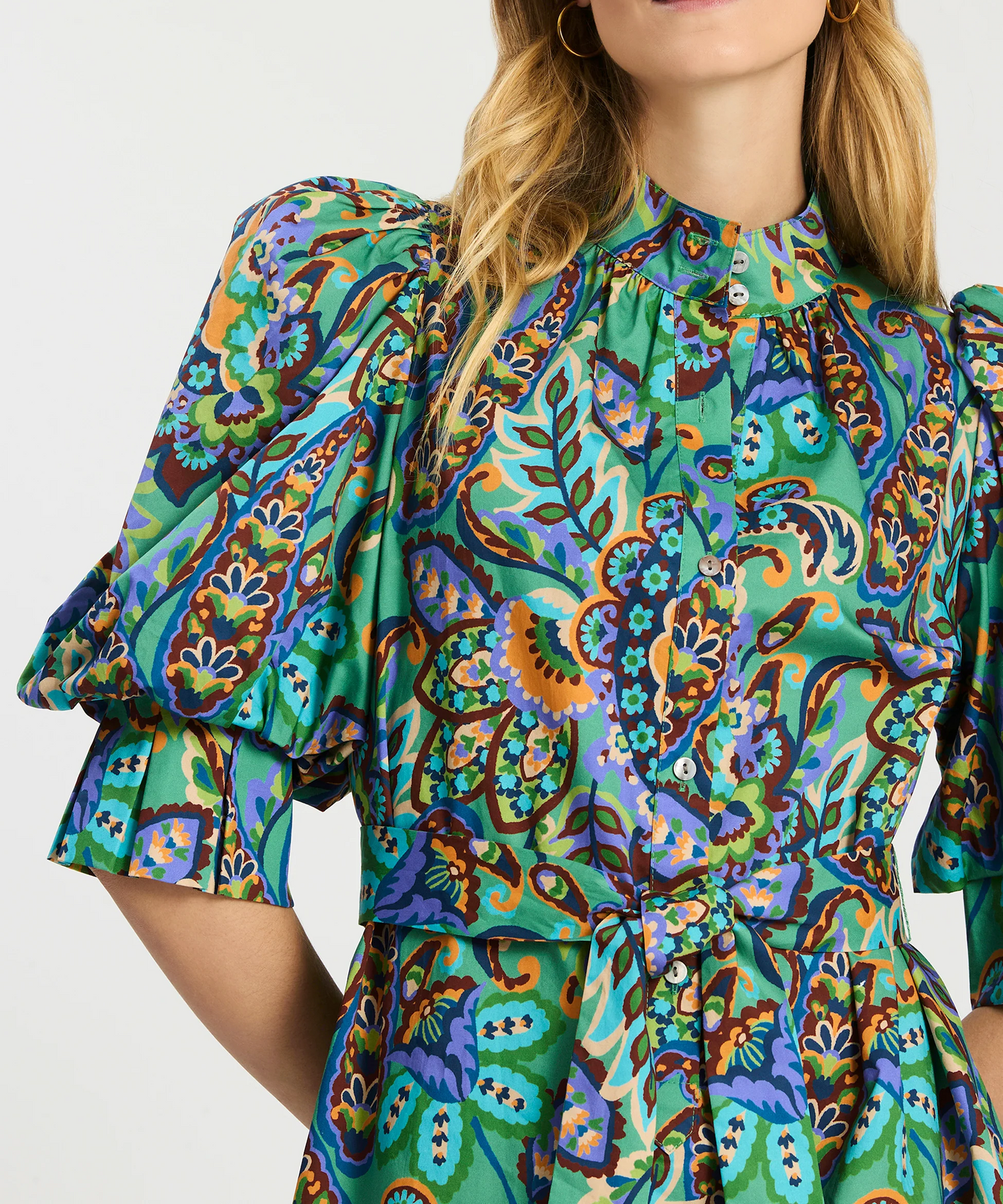 Puff-sleeve printed lace-up dress