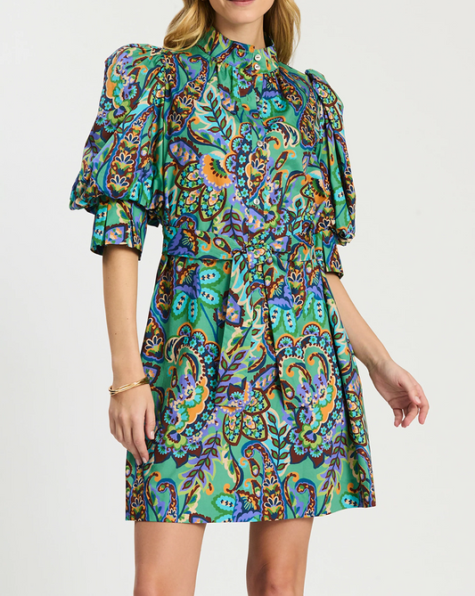 Puff-sleeve printed lace-up dress