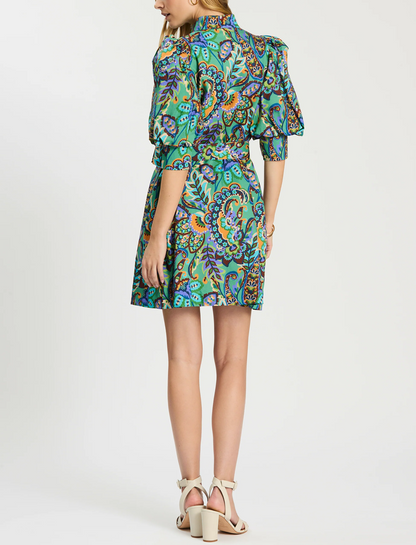 Puff-sleeve printed lace-up dress