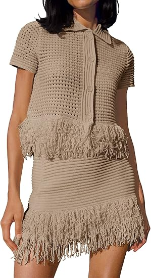 Short Sleeve Button Knit Sweater Set