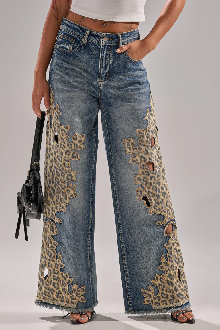 Leopard-print patchwork jeans