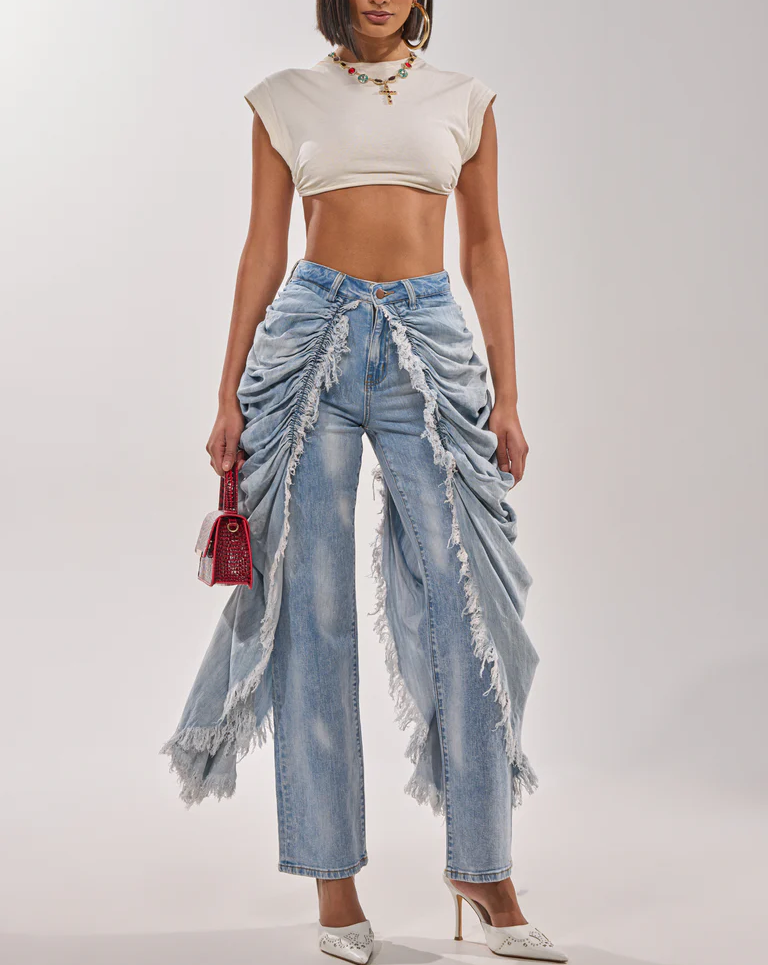Denim Irregular Pleated Pants
