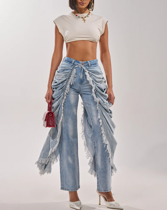 Denim Irregular Pleated Pants