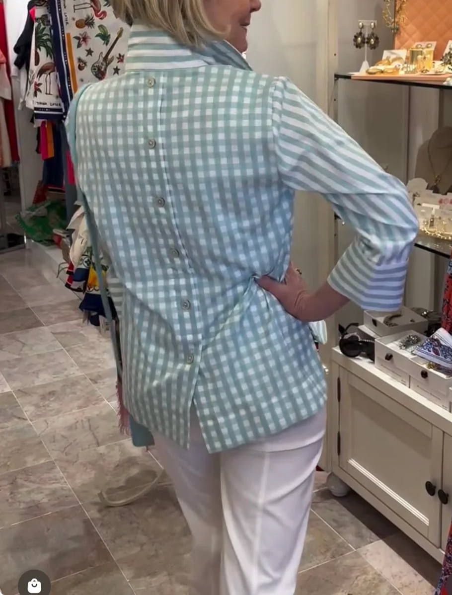 3/4 Sleeve Stripe/Gingham Blouse