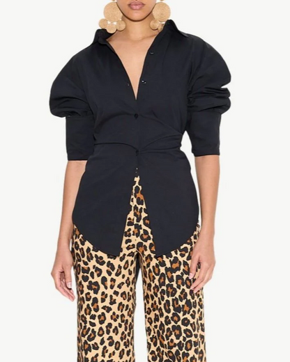 Back-tie waist-cinching blouse