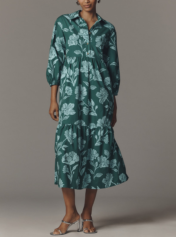 Green Floral Print Elegant Dress