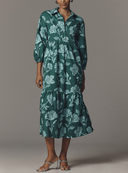 Green Floral Print Elegant Dress