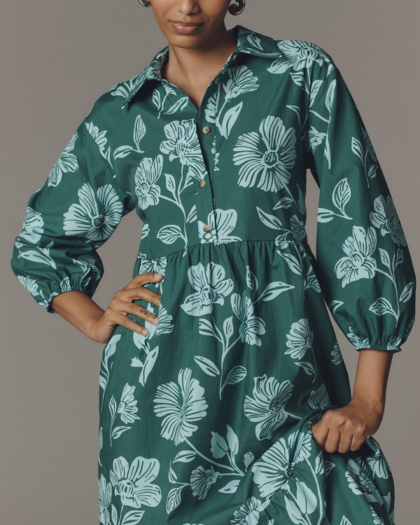 Green Floral Print Elegant Dress