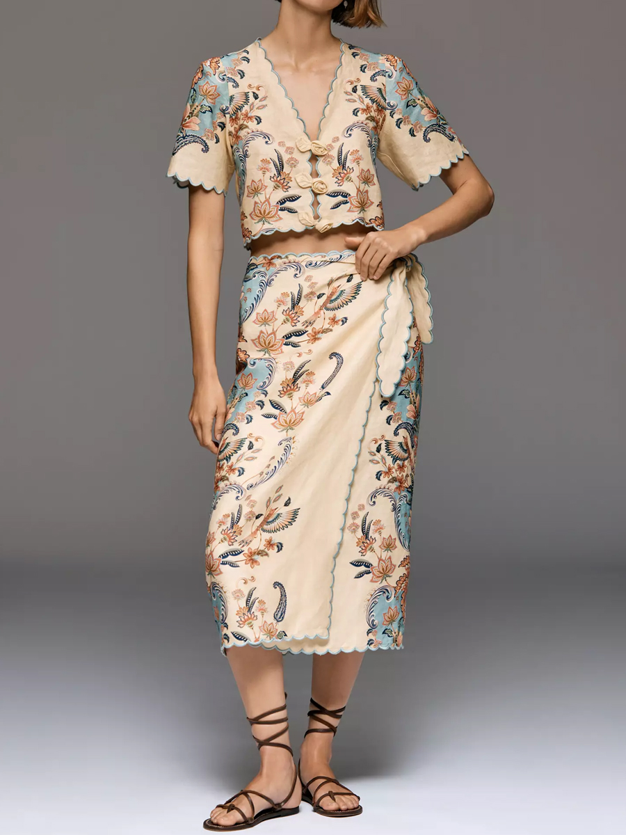 V Neck Rose-shaped Buttons Two Pieces Dress