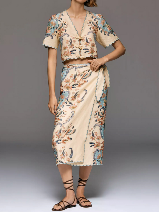 V Neck Rose-shaped Buttons Two Pieces Dress