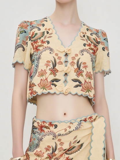 V Neck Rose-shaped Buttons Two Pieces Dress