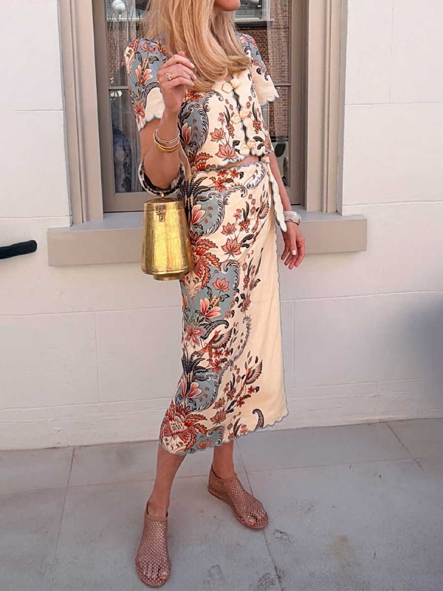 V Neck Rose-shaped Buttons Two Pieces Dress