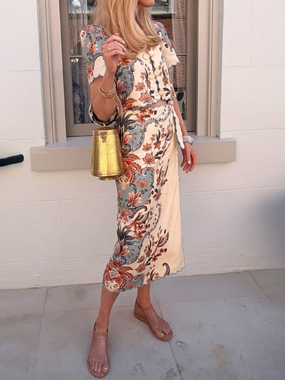 V Neck Rose-shaped Buttons Two Pieces Dress