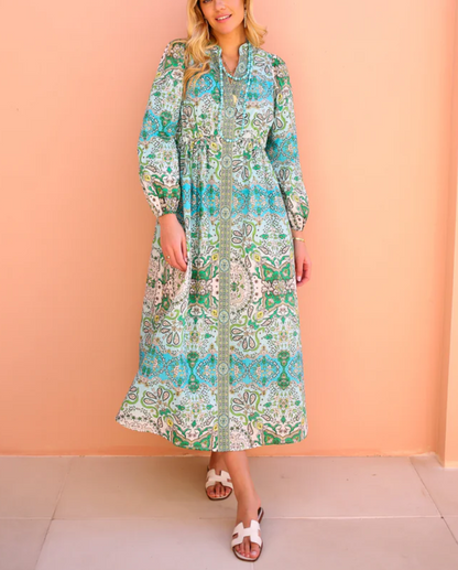 V-neck Elegant Fitted Print Maxi Dress