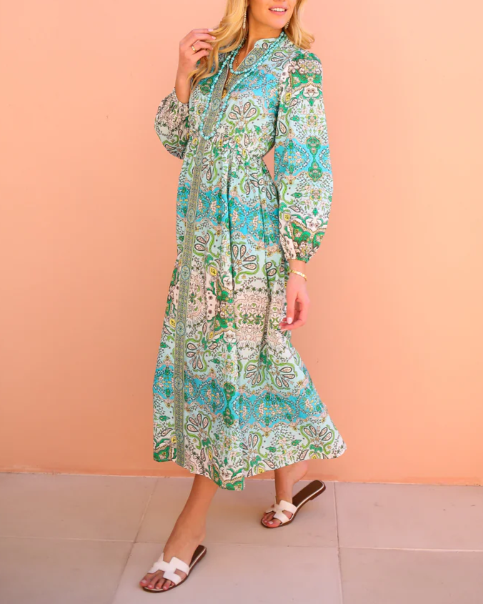 V-neck Elegant Fitted Print Maxi Dress