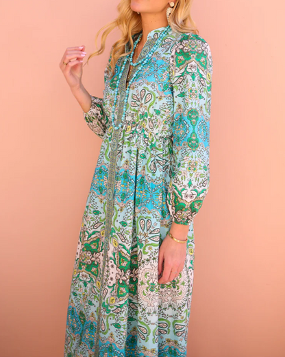 V-neck Elegant Fitted Print Maxi Dress