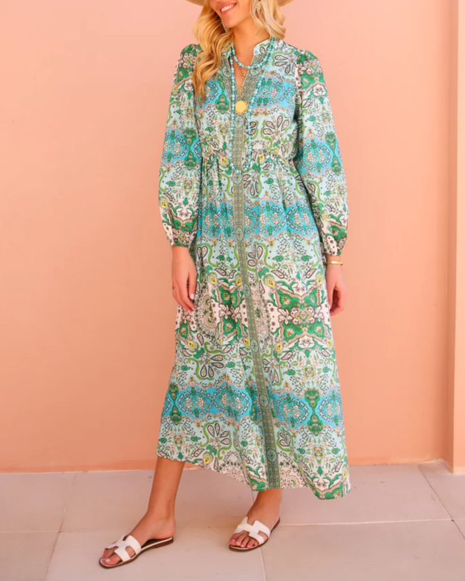 V-neck Elegant Fitted Print Maxi Dress