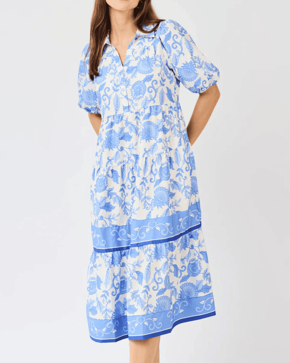 Vine-print puff-sleeve dress