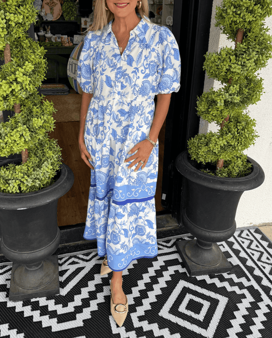 Vine-print puff-sleeve dress