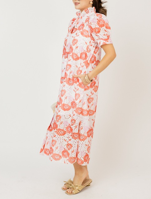 Eyelet Floral Print Maxi Dress