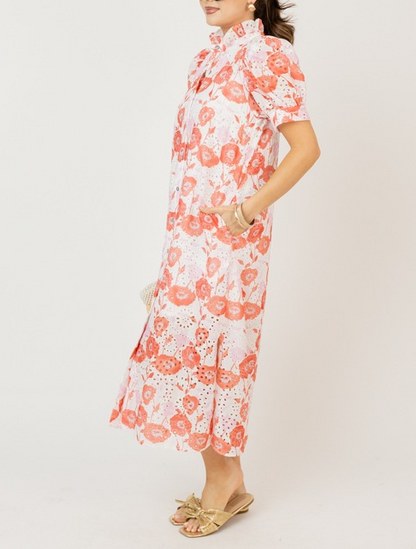 Eyelet Floral Print Maxi Dress