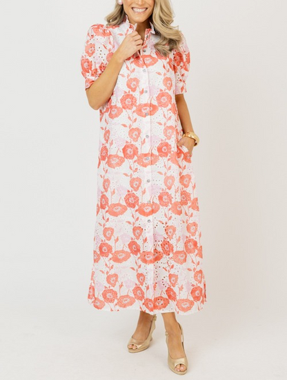 Eyelet Floral Print Maxi Dress