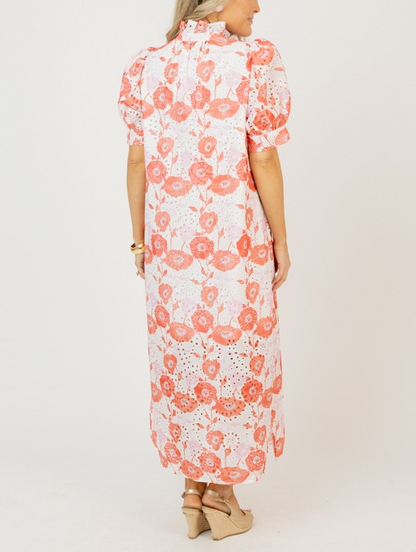 Eyelet Floral Print Maxi Dress