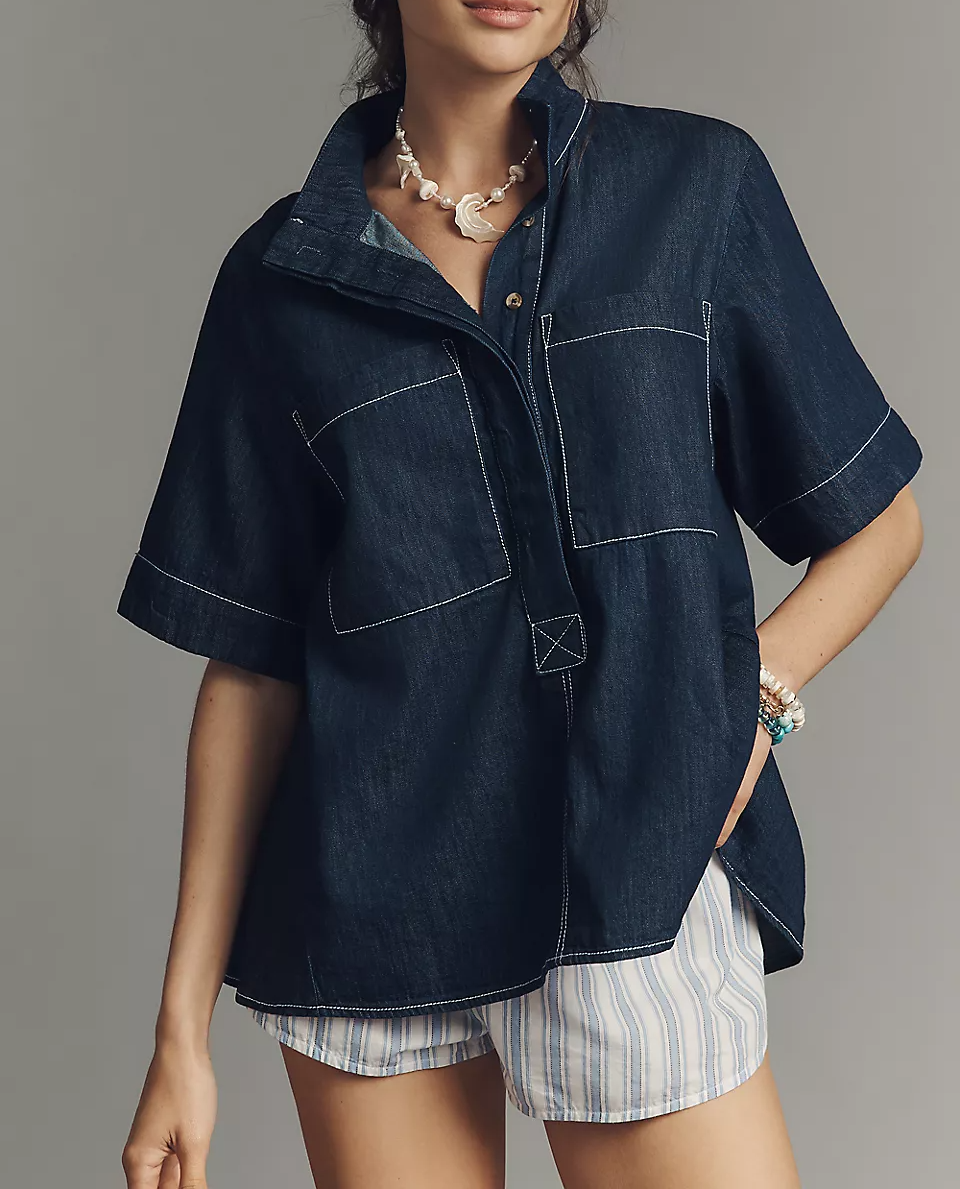 Short-Sleeve Henley Blouse