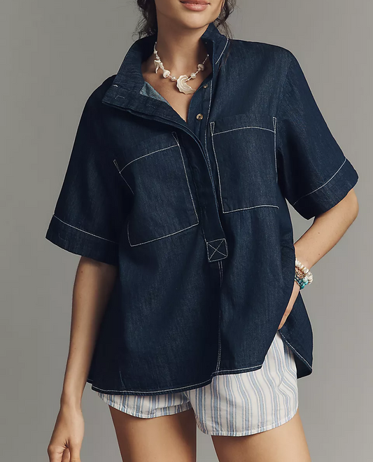 Short-Sleeve Henley Blouse