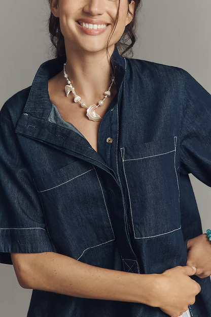 Short-Sleeve Henley Blouse
