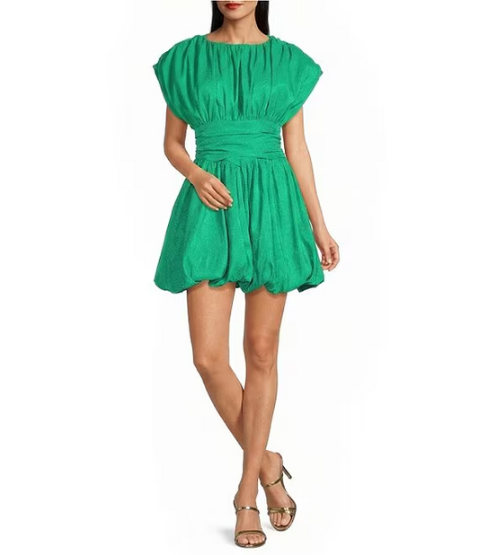 Neck Cap Sleeve Ruched Bubble Hem Mini Dress