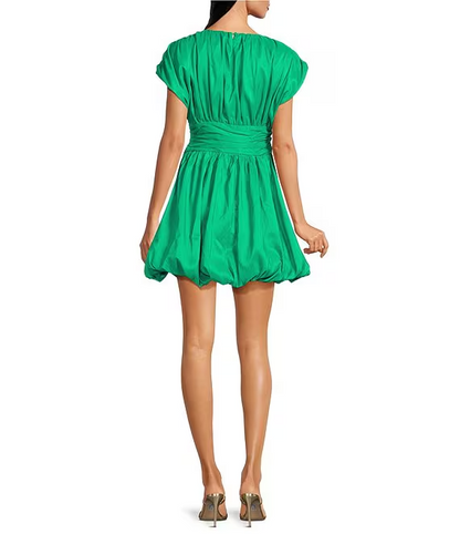 Neck Cap Sleeve Ruched Bubble Hem Mini Dress