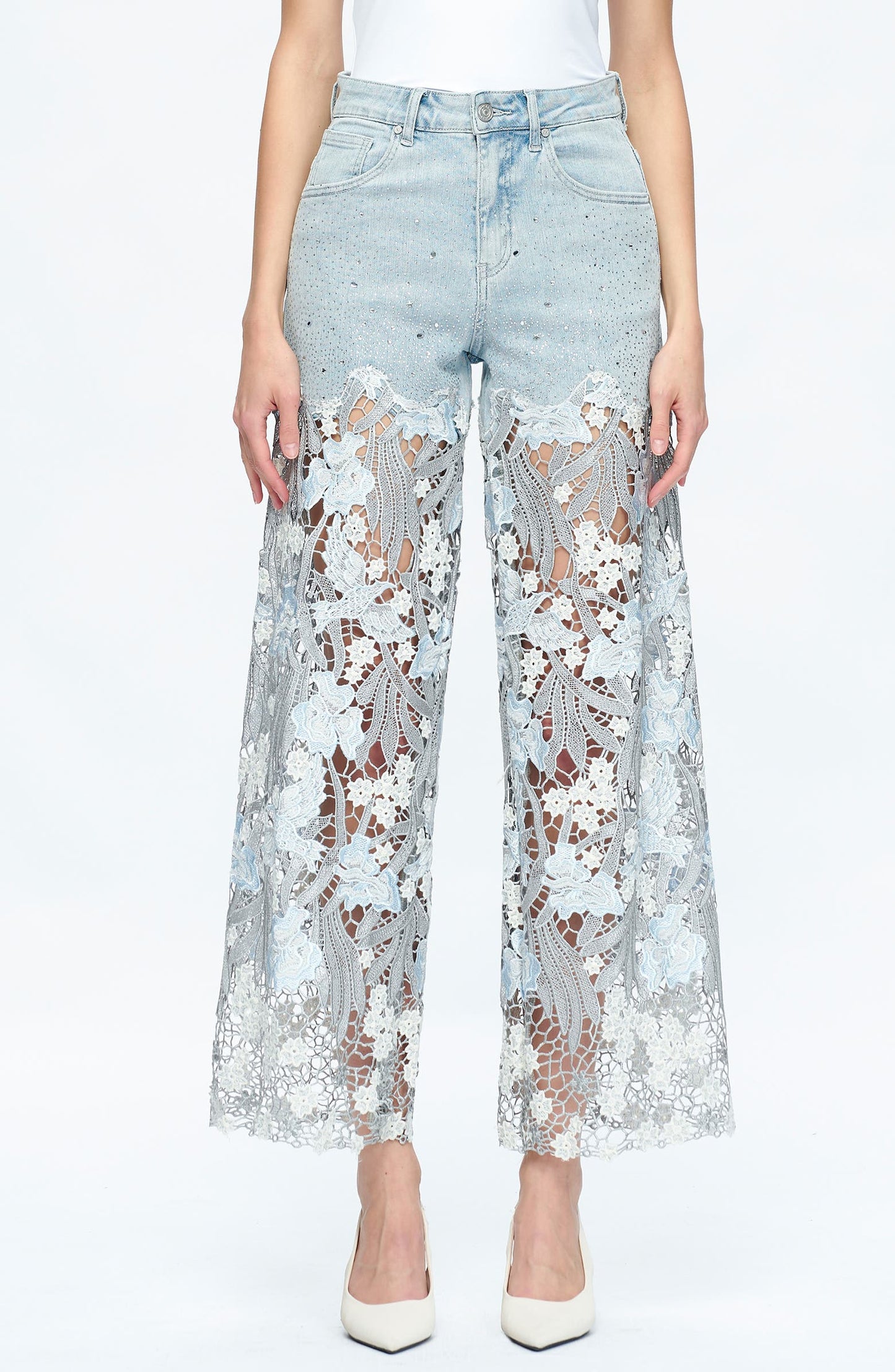High Waist Crystal Embellished Lace Wide Leg Jeans