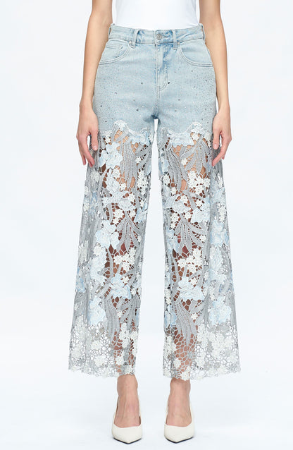 High Waist Crystal Embellished Lace Wide Leg Jeans