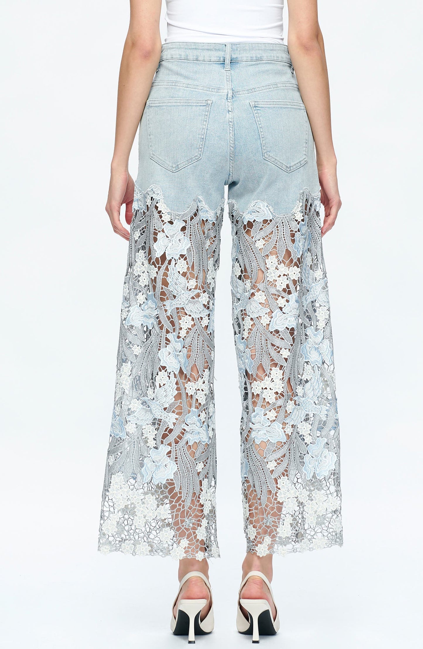 High Waist Crystal Embellished Lace Wide Leg Jeans