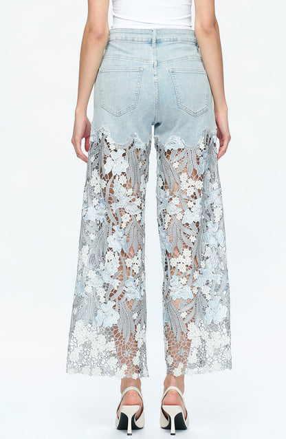 High Waist Crystal Embellished Lace Wide Leg Jeans