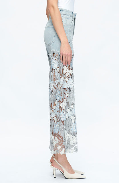 High Waist Crystal Embellished Lace Wide Leg Jeans