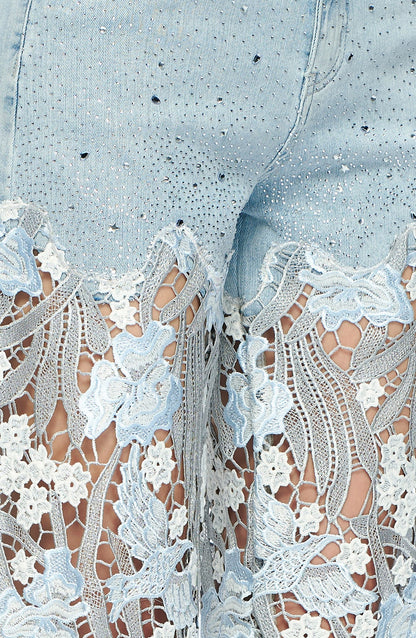 High Waist Crystal Embellished Lace Wide Leg Jeans