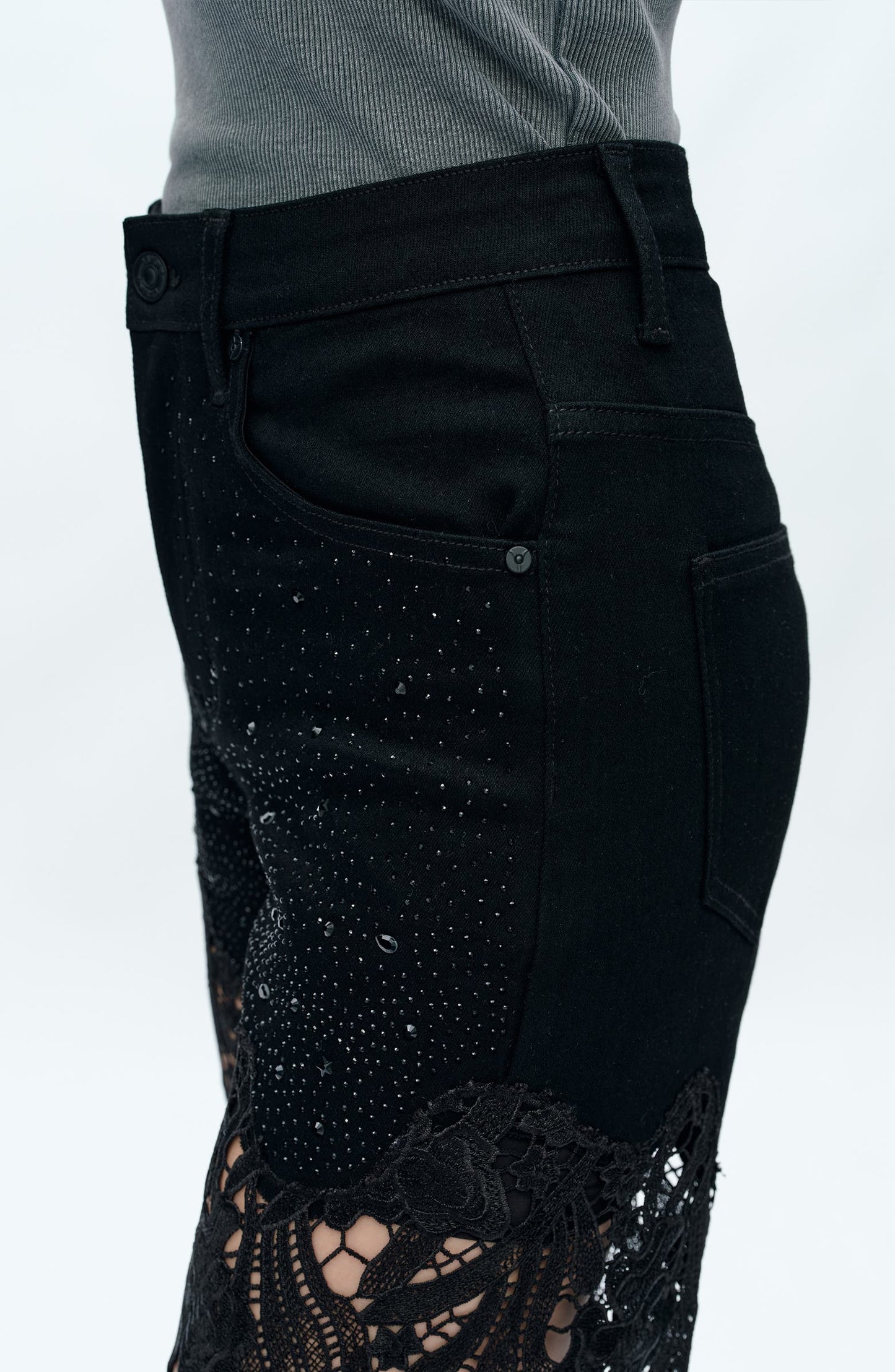 High Waist Crystal Embellished Lace Wide Leg Jeans