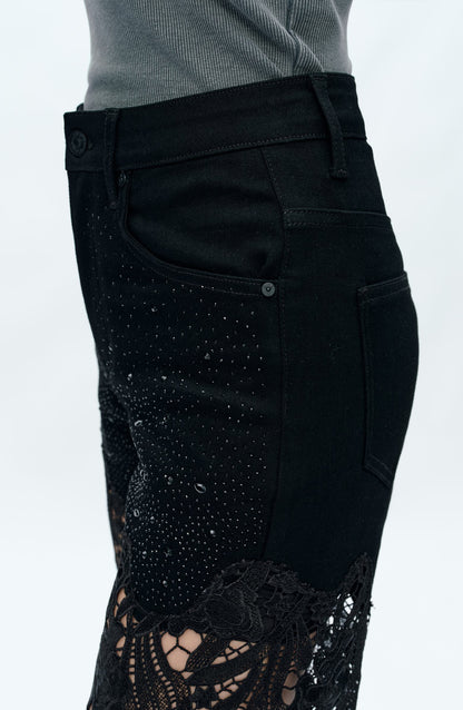 High Waist Crystal Embellished Lace Wide Leg Jeans