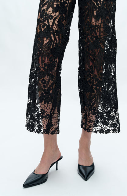 High Waist Crystal Embellished Lace Wide Leg Jeans