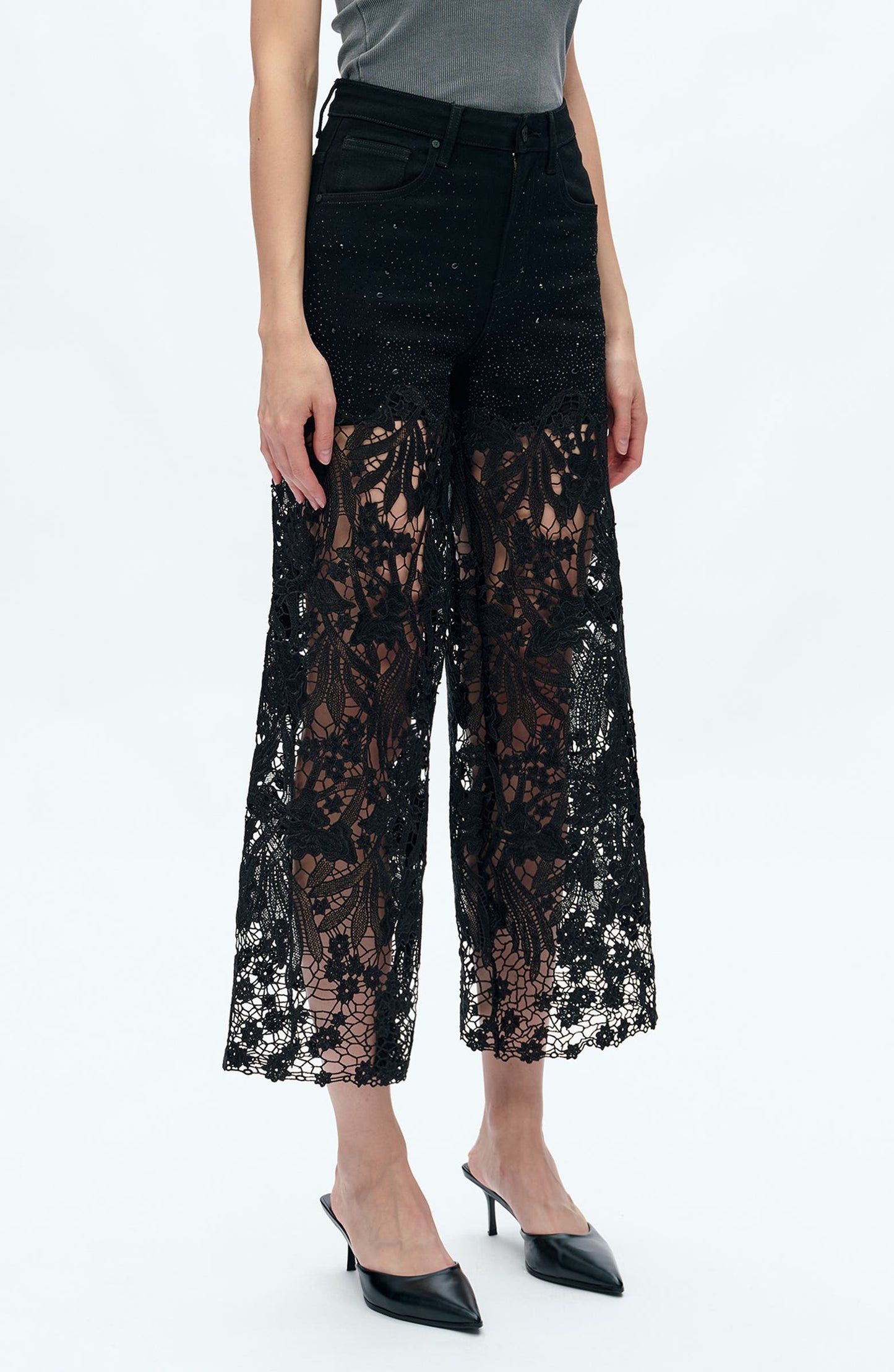 High Waist Crystal Embellished Lace Wide Leg Jeans