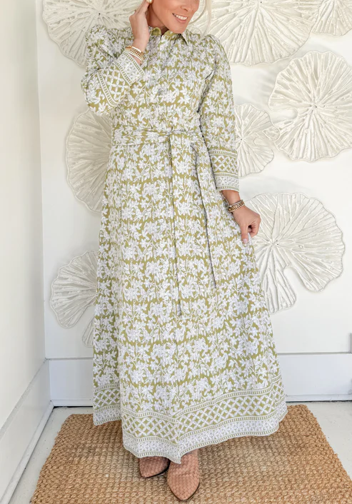 （Clearance Sale）🔥Green Hand Printed Maxi Dress with Belt