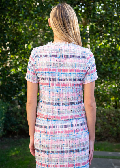 Multicolor Tweed Short Sleeve Top + skirt set
