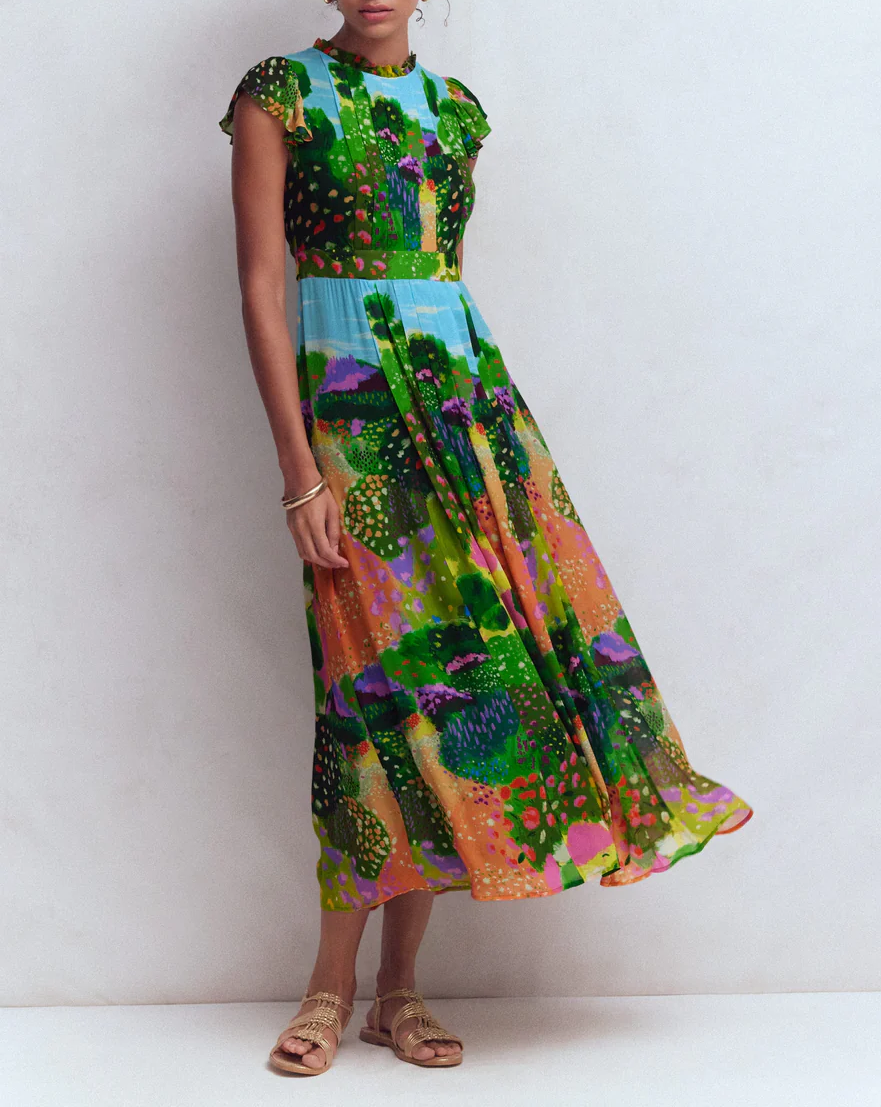 Pleat Ruffle Maxi Dress
