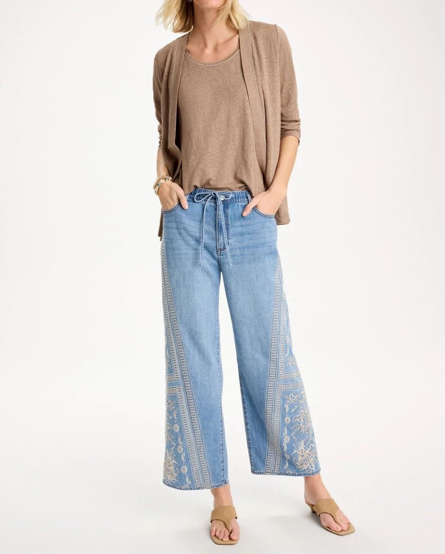 Floral Geo Wide-Leg Drawstring Jeans