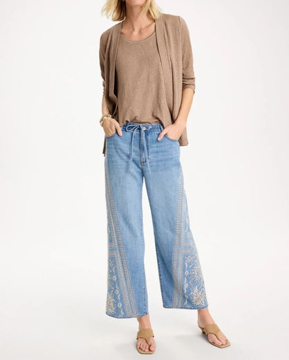 Floral Geo Wide-Leg Drawstring Jeans